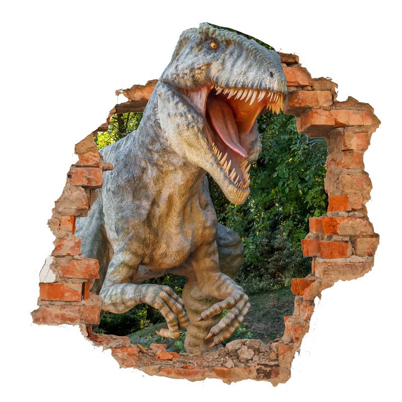 Vinilo efecto agujero pared rota con fotografía de fondo de un dinosaurio